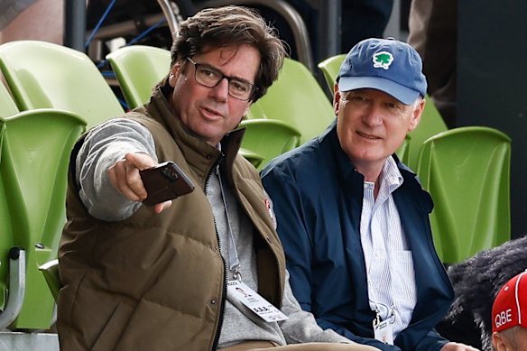 Then-CEO Gillon McLachlan and chairman Richard Goyder in Adelaide for Gather Round in 2023.