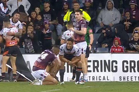 Brandon Wakeham taunts debutant Samuela Fainu after the Tigers try which they thought had won them the match. It’s the moment he was allegedly spat at.