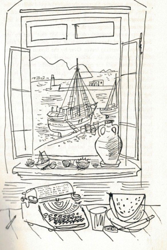 The view from the window of Clift’s house, as depicted by Australian artist Cedric Flower, who stayed with Clift and George Johnston on Kalymnos in the summer of 1955. 