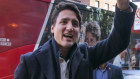 Canadian Prime Minister and Liberal leader Justin Trudeau arrives at the poling station with his family. 