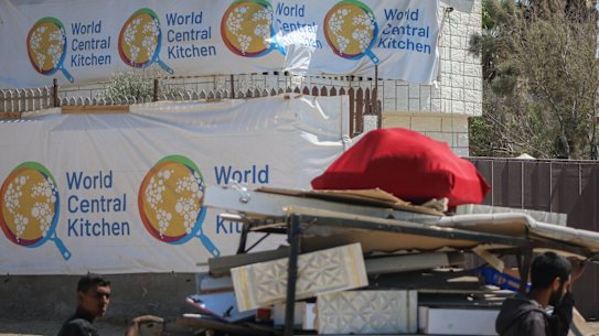 The World Central Kitchen food charity aid centre in Nuseirat camp, in central Gaza, in April.