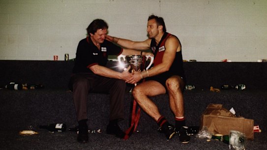 Kevin Sheedy and Tim Watson after 1993 grand final win. THE AGE SPORT Picture by STUART HANNAGAN