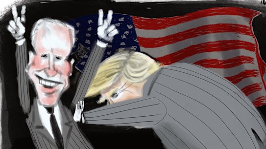 President Trump pushes a confident (or over confident?) Joe Biden to the edge of the frame. US election seems to be closer then expected. Illustration for Bruce Wolpe story by Matt Davidson.