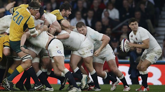 Mauled: The Australian pack were smashed by their English rivals.