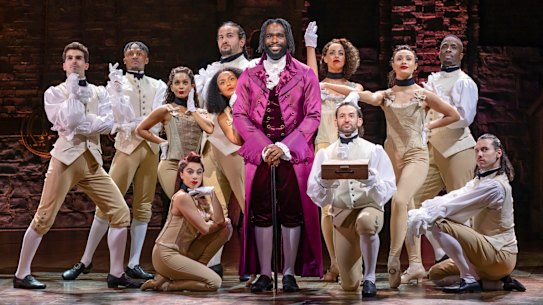 Actor Victory Ndukwe performs with the cast at the Australian premiere of Hamilton. 