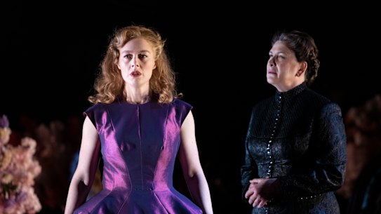 Nikki Shiels (left) as the new wife of Maxim De Winter, and Pamela Rabe as the sinister Mrs Danvers, in Melbourne Theatre Company’s Rebecca.