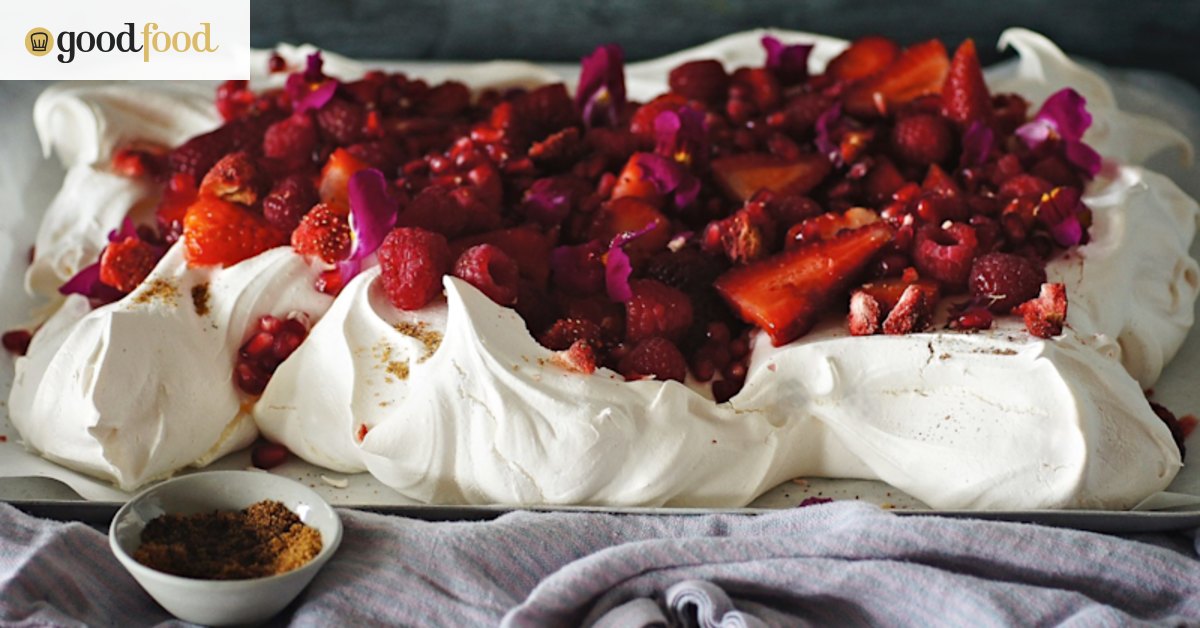 Pavlova slab recipe with blended berries and sumac sugar
