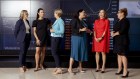 Kellie Wood of Schroders, Anita Costa of IFM Investors, Kate Howitt of Fidelity, Sophia Rahmani of Mable Brown-Abbott, Jun Bei Liu of Tribeca Investment Partners and Sarah Shaw of 4D Infrastructure at the ASX in Sydney on March 6, 2023. Photo: Dominic Lorrimer