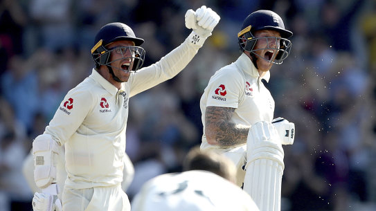 Jack Leach and Ben Stokes celebrate an incredible victory.