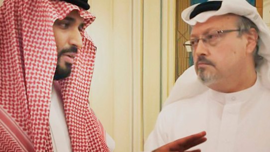 Saudi Crown Prince Mohammed bin Salman, left, with journalist Jamal Khashoggi in a scene from the documentary “The Dissident”.