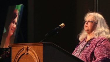 Susan Bro, the mother to Heather Heyer, speaks during a memorial for her daughter in August 2017.