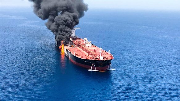The oil tanker on fire in the sea of Oman.