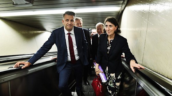 Transport and Infrastructure Minister Andrew Constance, Premier Gladys Berejiklian and Rodd Staples (back left).