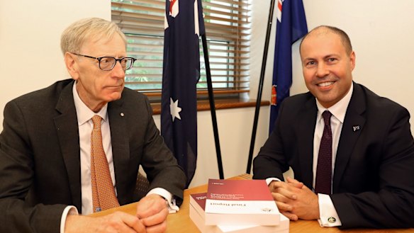 Justice Kenneth Hayne, with Treasurer Josh Frydenberg on Friday, after presenting the government with his final report from the Royal Commission into Misconduct in the Banking, Superannuation and Financial Services Industry.
