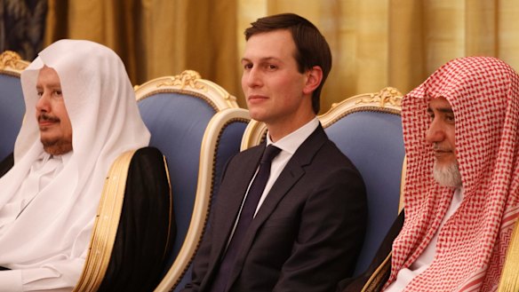 Jared Kushner watches as Donald Trump is presented with The Collar of Abdulaziz Al Saud Medal, at the Royal Court Palace, in Riyadh. 