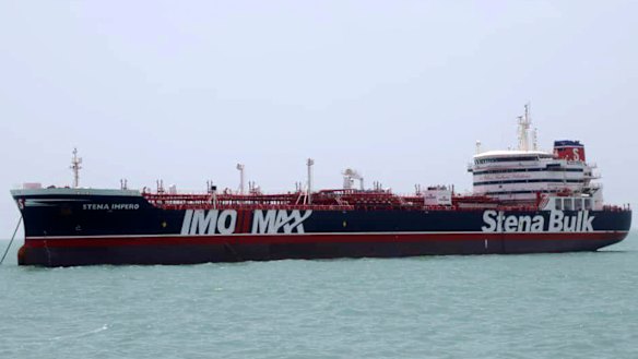 A British-flagged oil tanker Stena Impero, which was seized by the Iran's Revolutionary Guard on Friday is photographed Saturday in the Iranian port of Bandar Abbas.