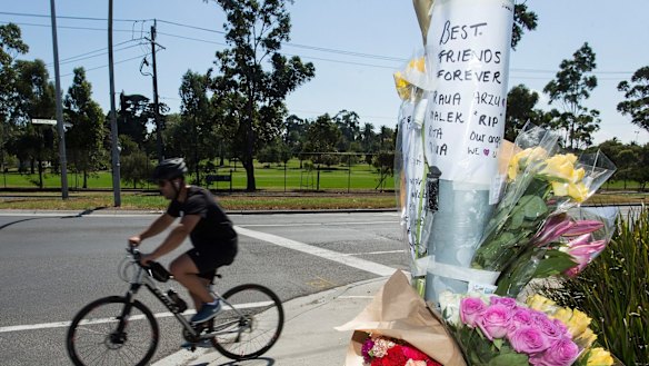 A tribute is seen on the corner of Whitehall Street and Somerville Road in Yarraville for Melbourne mother Arzu who was killed while riding her bike.
