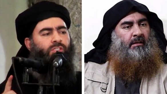 Islamic State leader Abu Bakr al-Baghdadi last appeared in a video in 2014 (left). A new video was released on Tuesday (right).