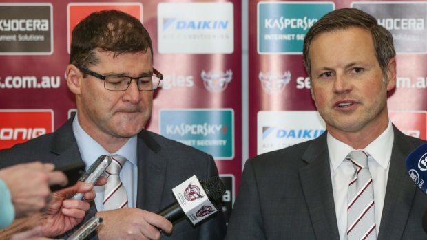 New start: Joe Kelly, seen left with Manly chairman Scott Penn, is also returning to the NRL fold.