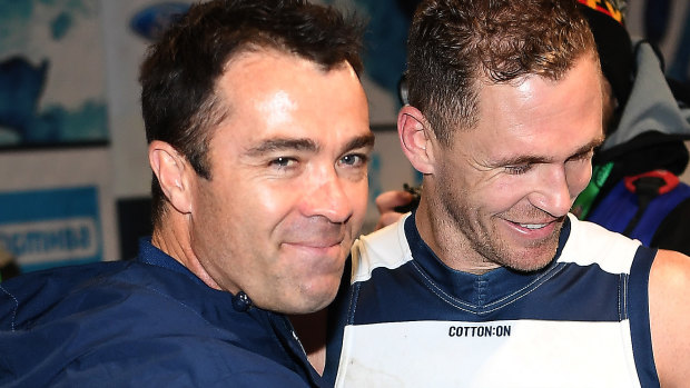 Geelong coach Chris Scott (with captain Joel Selwood) was a former assistant at Fremantle.
