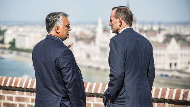 Hungarian Prime Minister Viktor Orban with former prime minister Tony Abbott in September.