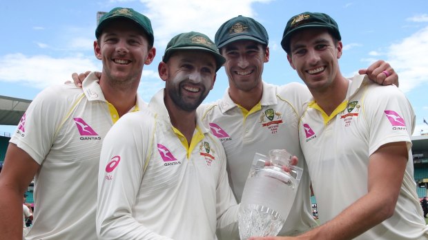 Australian bowlers Josh Hazlewood, Nathan Lyon, Mitchell Starc and Pat Cummins.