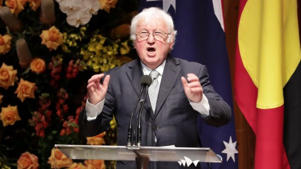 Bill Kelty speaks at the state memorial service for former prime minister Bob Hawke at the Sydney Opera House.
