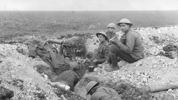 Always thinking of home: Meal time for the 5th Australian Machine Gun Battalion on the Somme in 1918.
