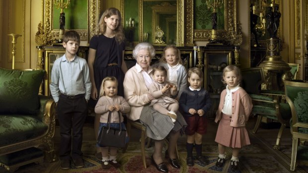 The Queen with grandchildren James and Louise, and great grandchildren Mia Tindall, Princess Charlotte, Savannah Phillips, Prince George and Isla Phillips.