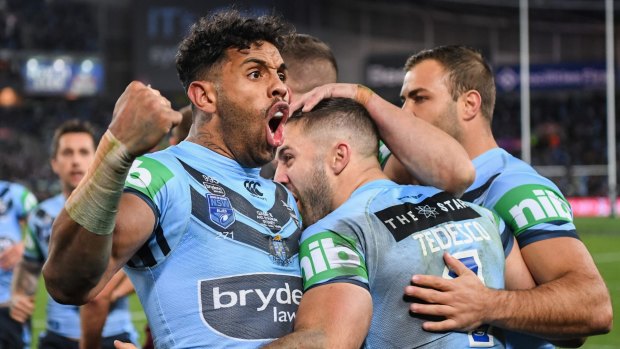 Josh Addo-Carr and the Blues celebrate a stunning late victory over Queensland in 2019.
