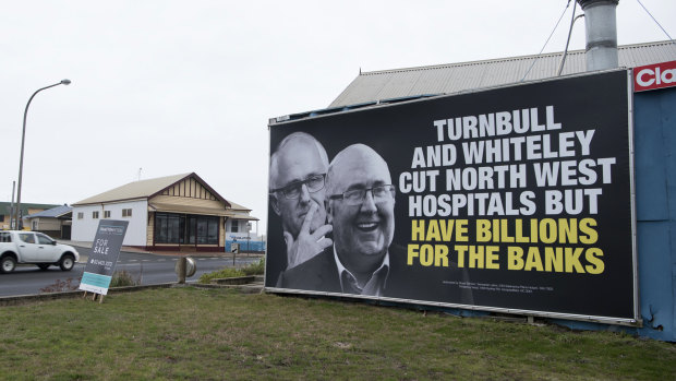 A Labor attack ad on the side of the Bass Highway in Braddon.