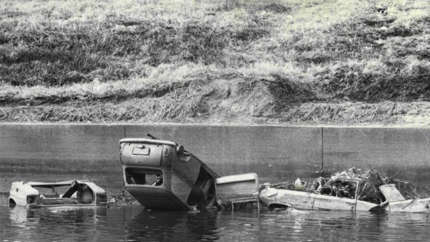 Cars line the Cooks River alongside Canterbury Racecourse in 1974. 