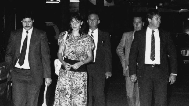 
Detectives involved in the case leave the Glebe Coroner's Court after John Glover is charged with six murders. Left to right, Detectives Barry Keeling, Murray Byrnes, Kim McGee and Geoff Wright, March 28, 1990.
