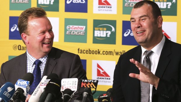 All smiles: Pulver and Michael Cheika at the announcement of Cheika as new Wallabies coach in October 2014. 