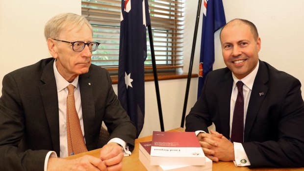 Justice Kenneth Hayne, with Treasurer Josh Frydenberg on Friday, after presenting the government with his final report from the Royal Commission into Misconduct in the Banking, Superannuation and Financial Services Industry.