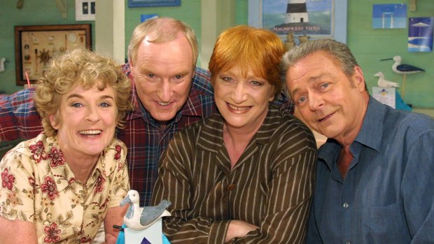 Judy Nunn (left), Ray Meagher, the late Cornelia Frances and Norman Coburn on the long-running Seven soap opera Home and Away.