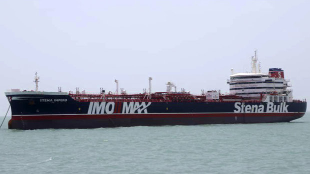 A British-flagged oil tanker Stena Impero, which was seized by the Iran's Revolutionary Guard on Friday is photographed Saturday in the Iranian port of Bandar Abbas.