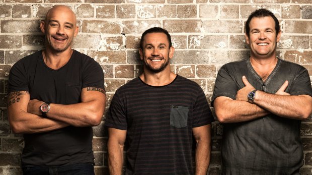 Happier times: Mark Geyer (left) alongside his former Triple M Grill Team colleagues Matthew Johns and Gus Worland.