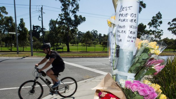A tribute is seen on the corner of Whitehall Street and Somerville Road in Yarraville for Melbourne mother Arzu who was killed while riding her bike.