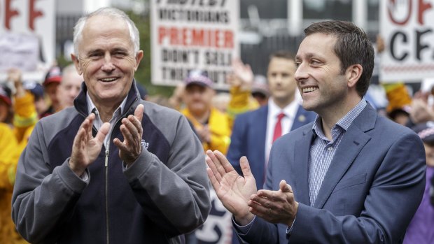 Malcolm Turnbull and  Matthew Guy at a CFA rally in 2016 