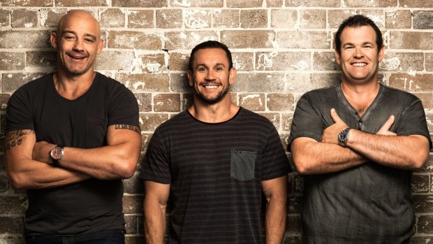 Happier times: Mark Geyer (left) alongside his former Triple M Grill Team colleagues Matthew Johns and Gus Worland.