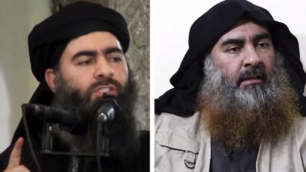 Islamic State leader Abu Bakr al-Baghdadi last appeared in a video in 2014 (left). A new video was released on Tuesday (right).
