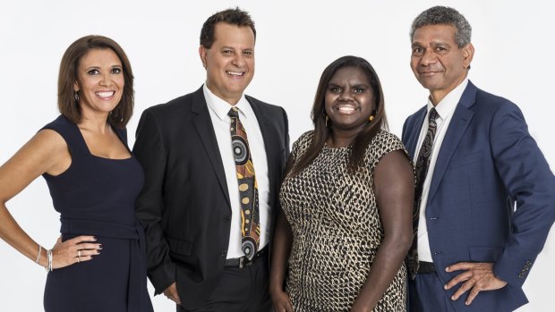 Shelley Ware, (far left) and the team from long-running cult hit, The Marngrook Footy Show. Grant Hansen (centre left), Leila Gurruwiwi (centre right) and Gilbert McAdam (right). 