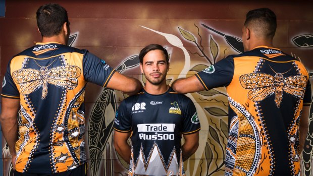 Andy Muirhead, Rory and Richie Arnold and Robbie Abel helped design the Brumbies Reconciliation Action Plan jersey.