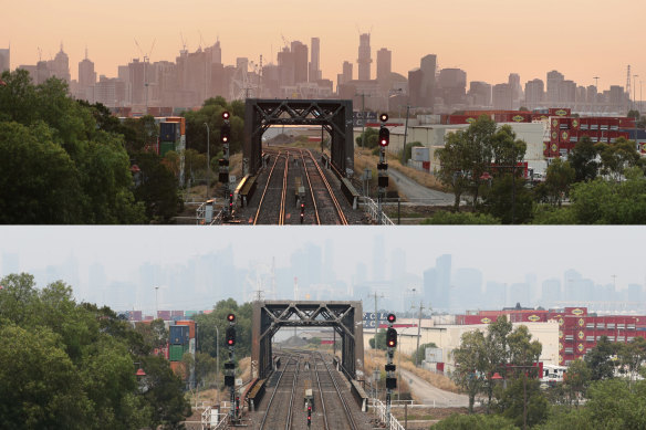 Smoke haze over Melbourne on Monday morning and on Monday afternoon.