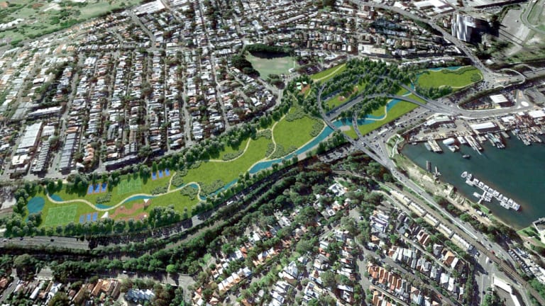 An artist's impression of the parkland planned to cover the old Rozelle Rail Yards.