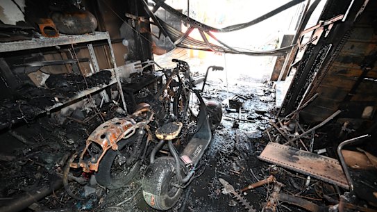 The burnt remains of a fire sparked by an e-scooter battery.