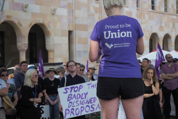 NTEU rallies like this recent one in Queensland have been held nationally, protesting university restructures that have come at the cost of jobs. However, WA has remained largely quiet.