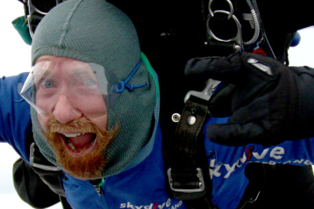 No fear: Ben Groundwater skydiving in Switzerland during his pre-parenting days.