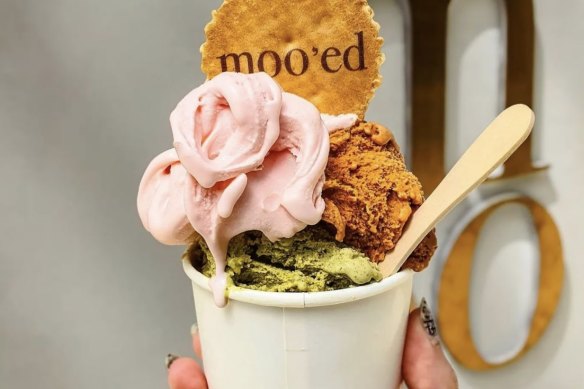 Scoops of bandung (rose syrup), teh tarik (Malaysian pulled tea) and Southeast Asian (pandan, coconut and palm sugar) gelato at Moo’ed, Gordon Park.